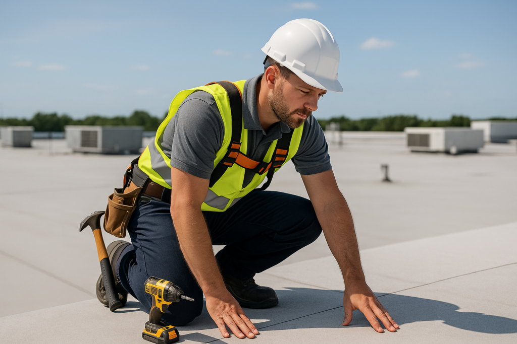 A professional roofer assessing a large commercial roof with various tools and safety gear on a clear day