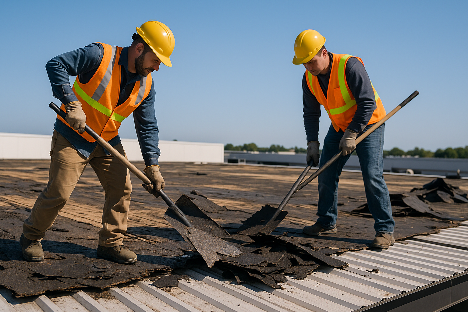 Workers removing old roofing materials from a large commercial building under clear skies