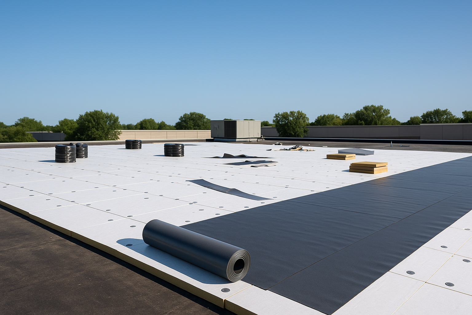 A clear blue sky with a large commercial building's roof partially completed with roofing materials spread out