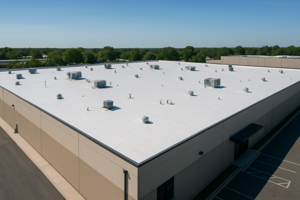 Aerial view of a large commercial building with a flat roof under a clear blue sky, showcasing its expansive surface area