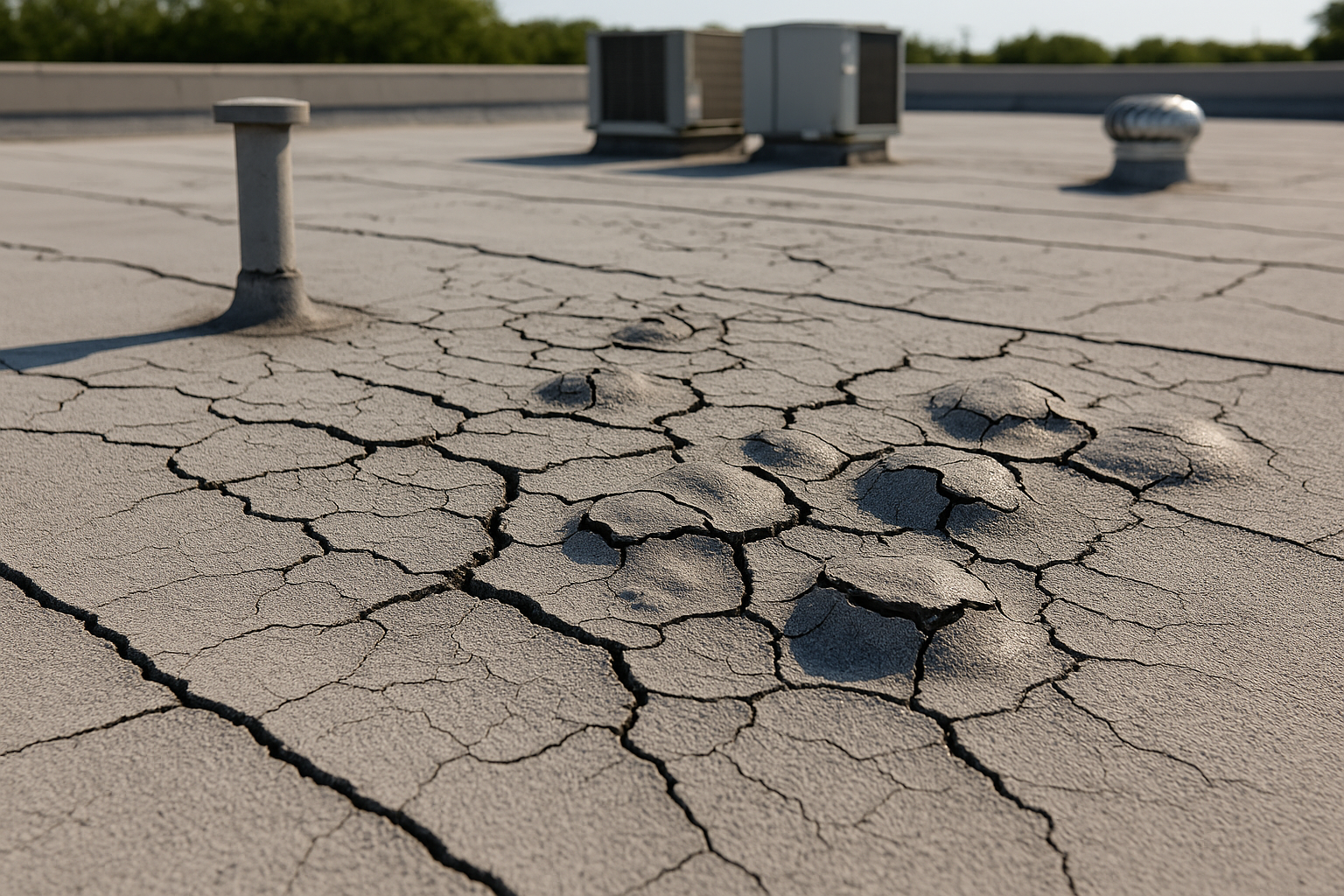 Close-up of a commercial roof with noticeable cracking and blistering due to severe heat exposure