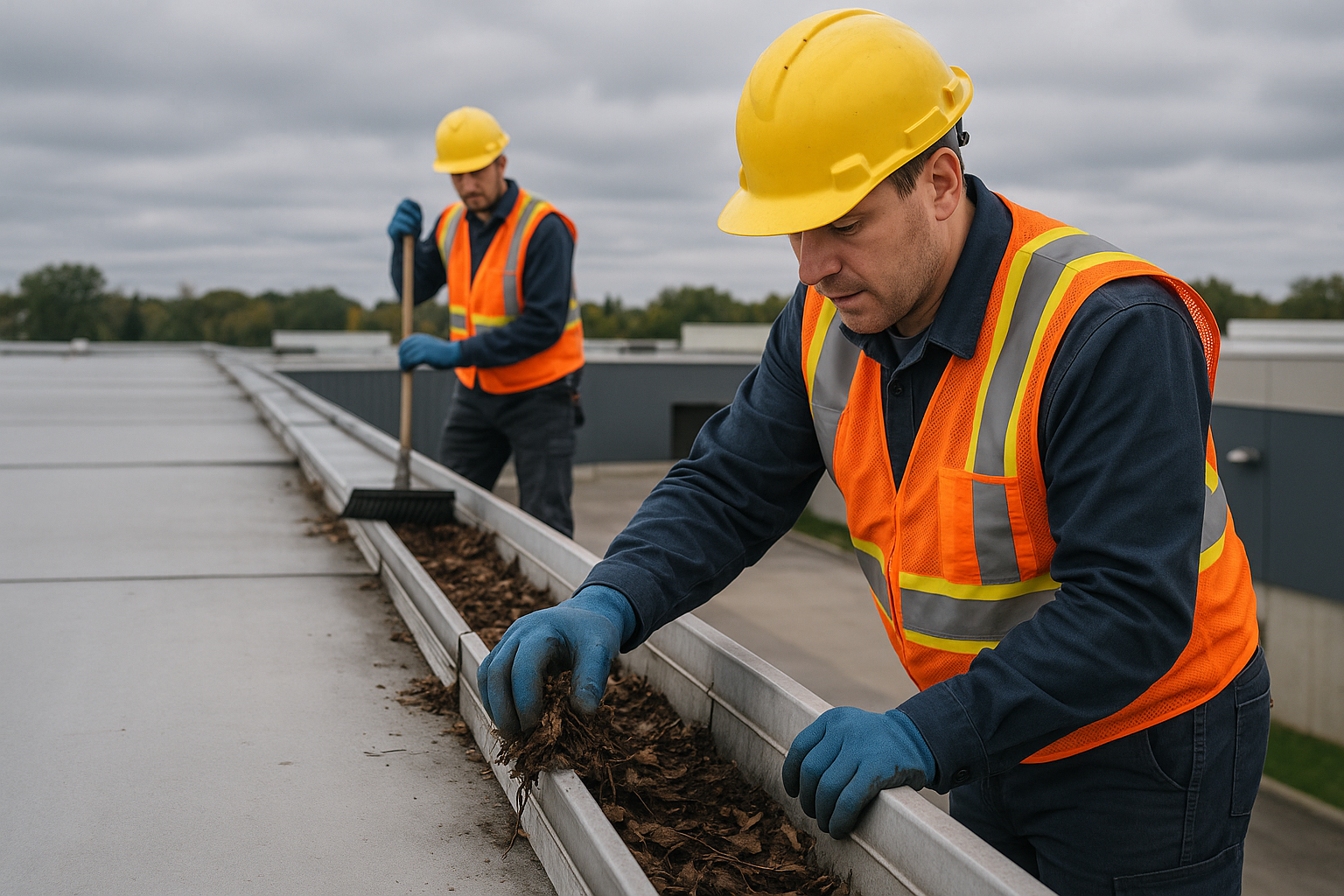 Workers on a commercial roof clearing debris from clogged gutters during a cloudy day