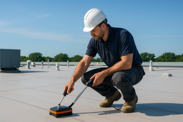 A professional roofer inspecting a large commercial flat roof with specialized equipment on a sunny day