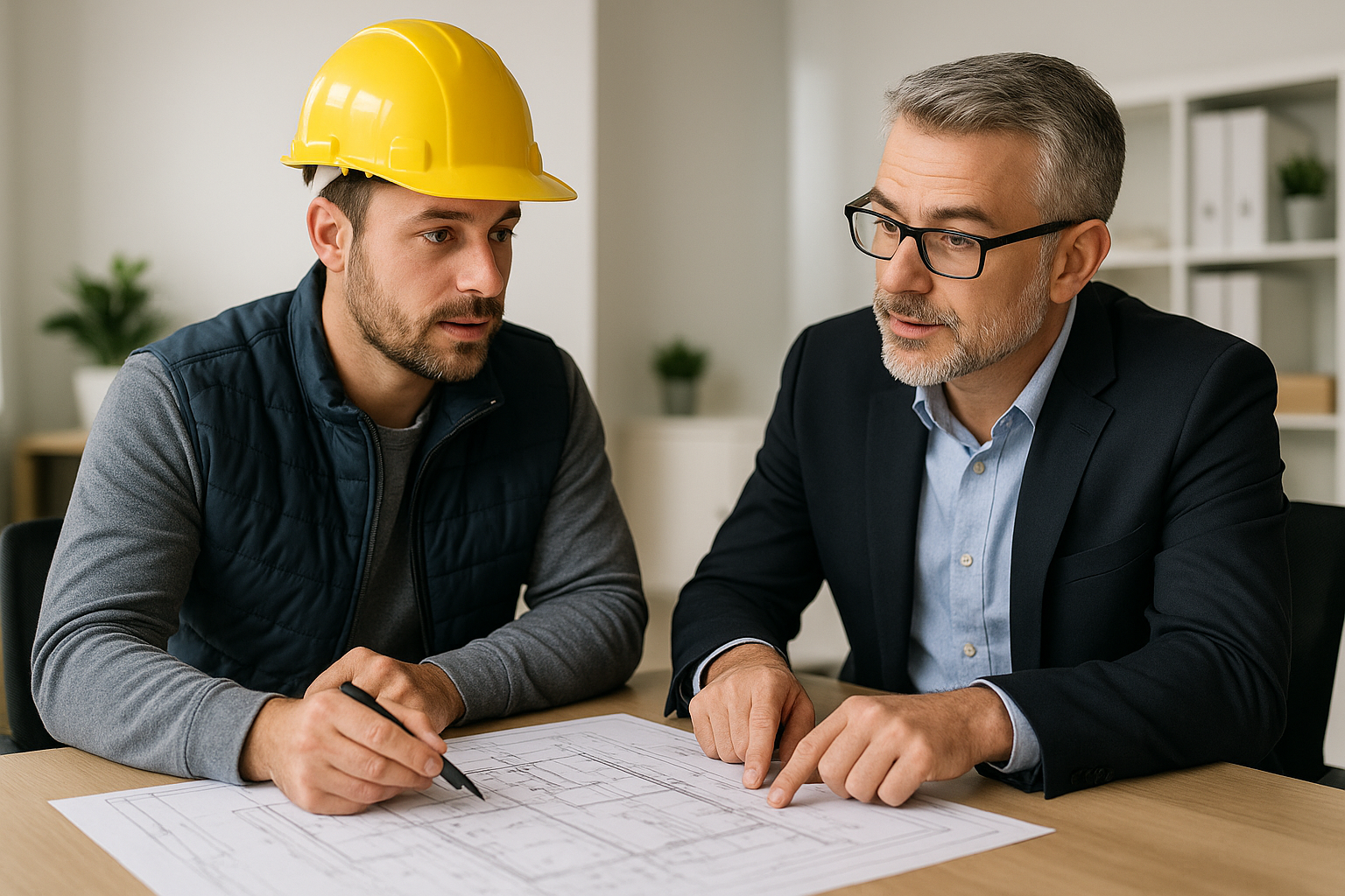 A contractor discussing roofing plans with a business owner inside an office, blueprints spread on the table