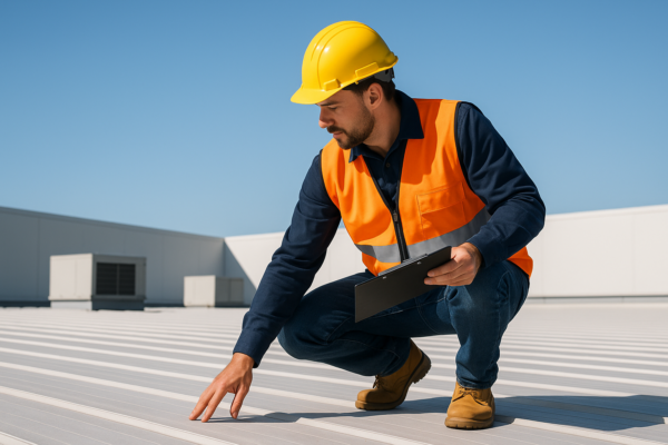 A professional roofer assessing a large commercial building roof under a clear blue sky