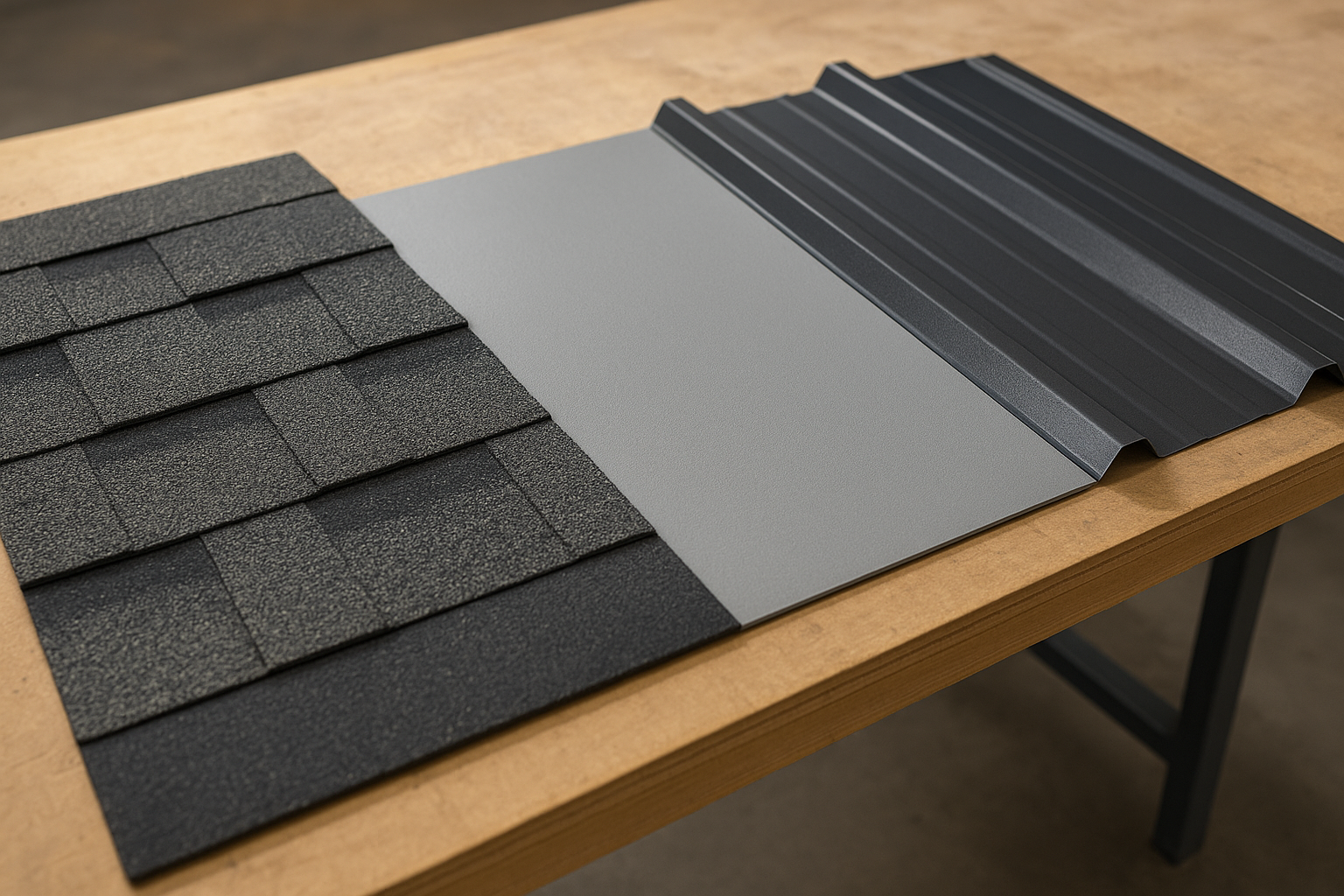 Close-up of various roofing materials like asphalt, TPO, and metal displayed side by side on a workbench