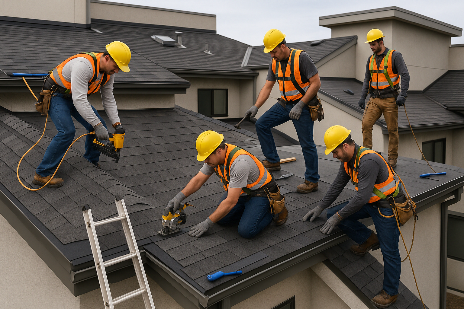 A team of roofers working on a complex multi-level commercial roof with various tools and safety gear
