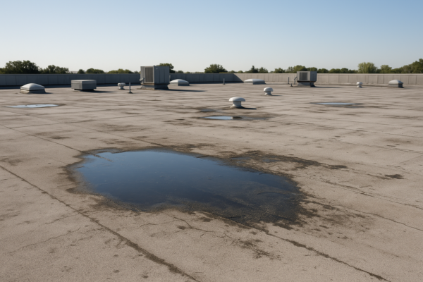 A wide shot of a flat commercial roof with visible water pooling and signs of wear under a clear sky