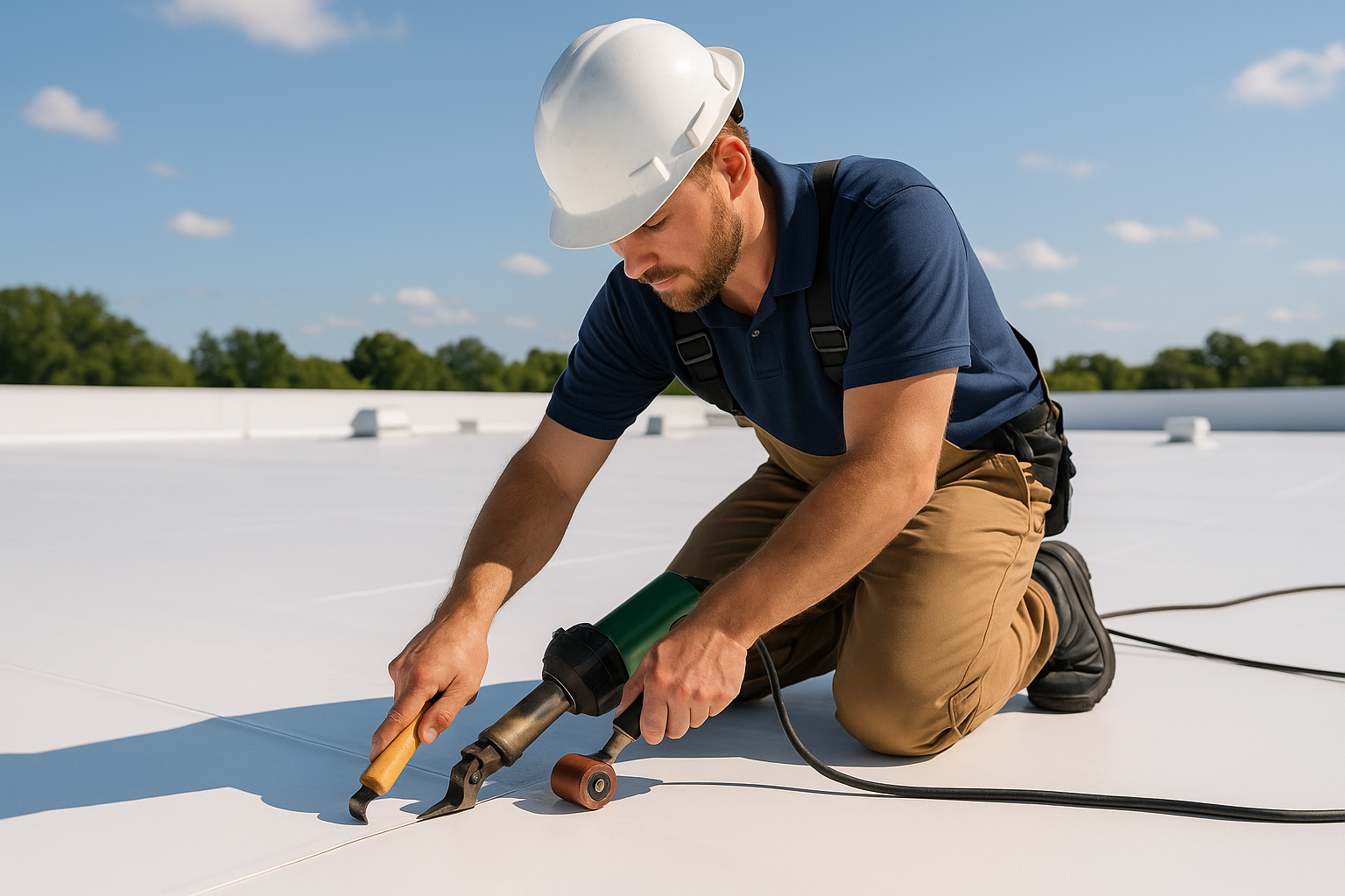 A professional roofer installing TPO membrane on a flat commercial roof on a sunny day