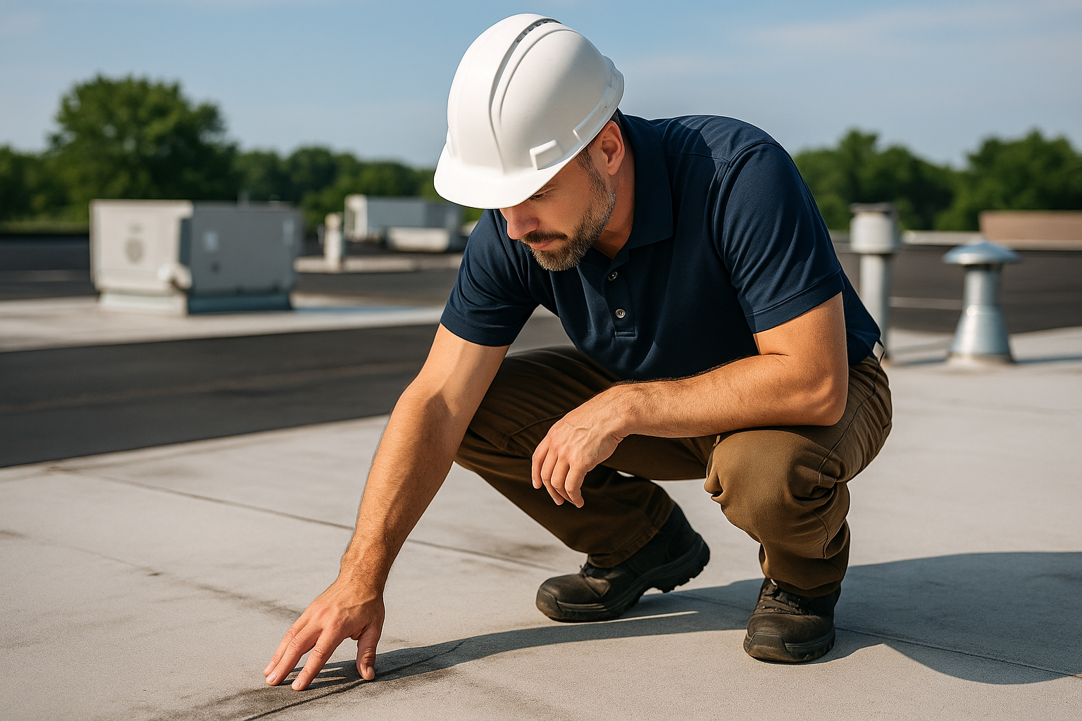 Close-up of a contractor inspecting a commercial roof, looking for signs of wear and potential leaks