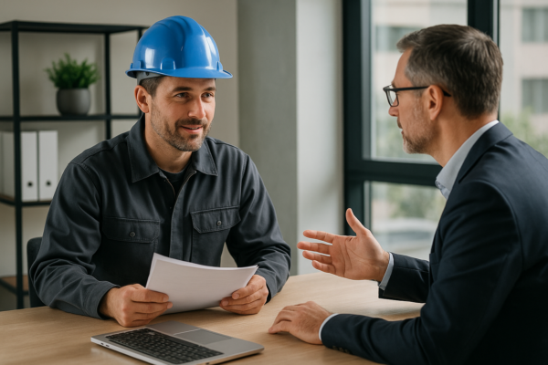 A professional roofer discussing financing options with a business owner in a modern office setting