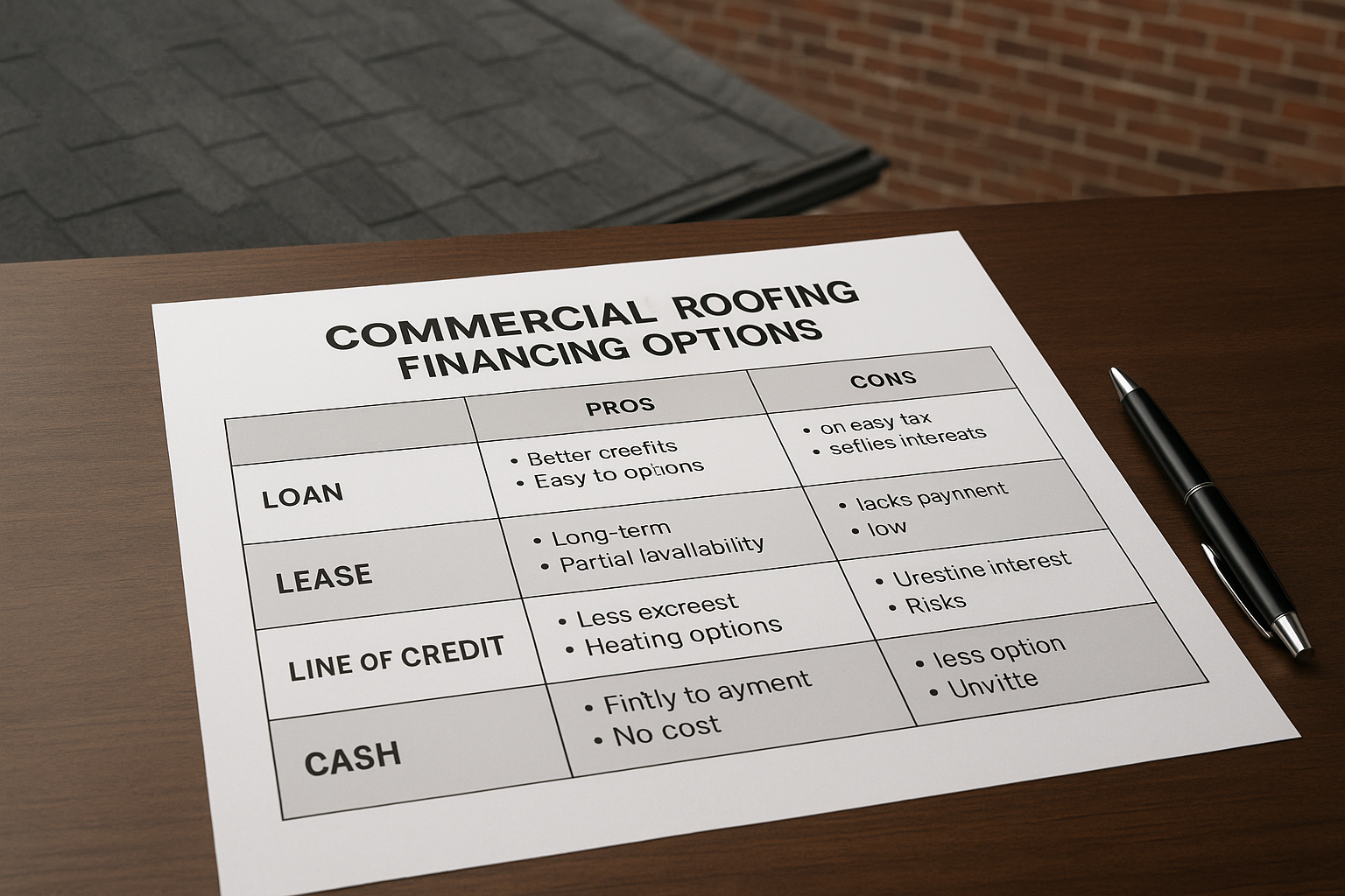 A detailed chart showing different financing options for commercial roofing with pros and cons listed