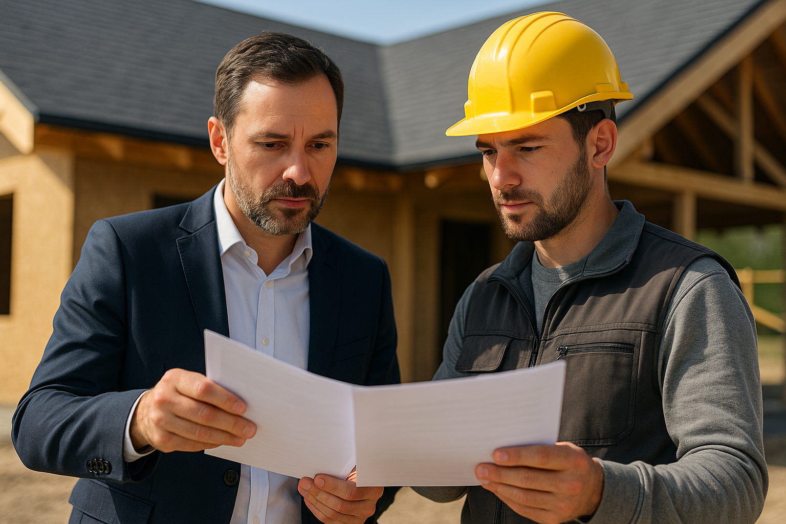 A business owner reviewing roofing financing documents with a contractor on a construction site