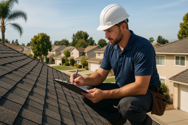 A professional roofer inspecting a roof with a clipboard, surrounded by residential homes in a suburban California neighborhood