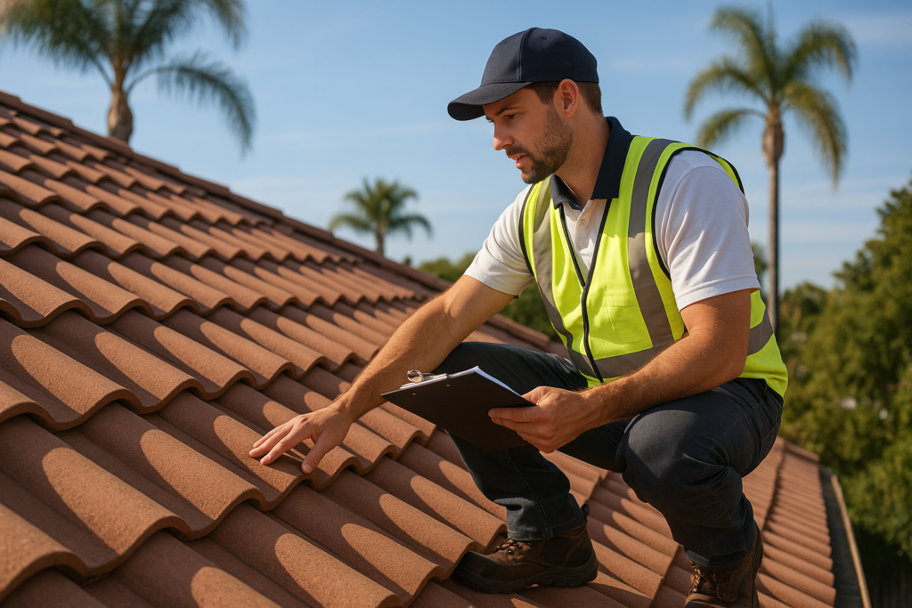 A professional roofer assessing a tile roof with a clipboard on a sunny day in Southern California