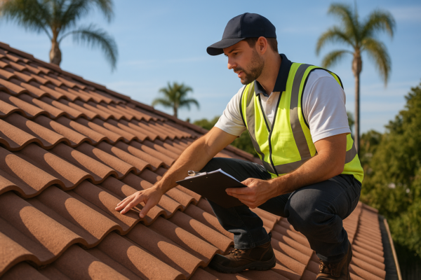 A professional roofer assessing a tile roof with a clipboard on a sunny day in Southern California