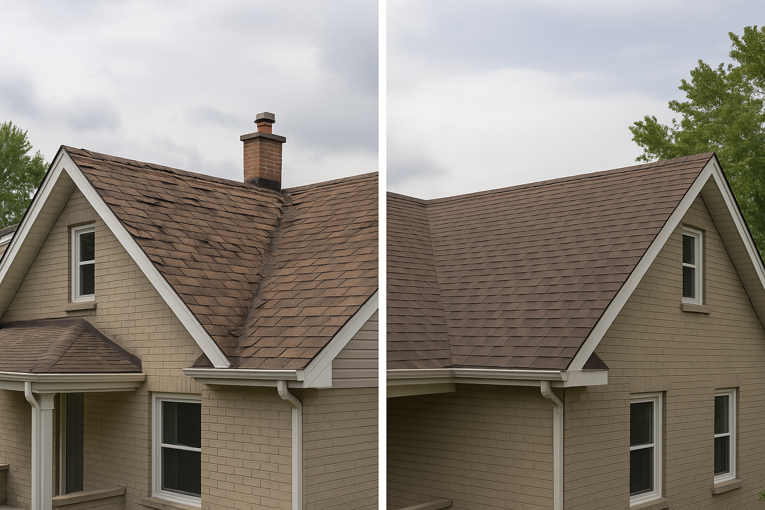 Before and after images of a residential roof repair showcasing the transformation