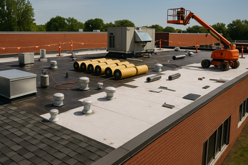 A detailed shot of a commercial building roof with ongoing construction work, showcasing various roofing materials and equipment