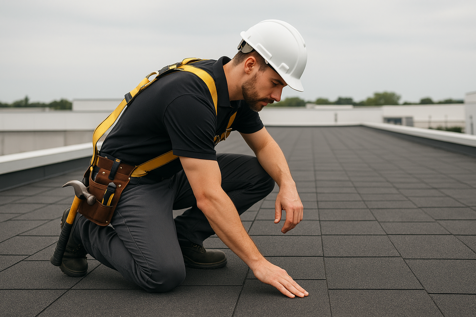 A professional roofer conducting a detailed inspection of a large commercial roof, with safety harness and tools in view