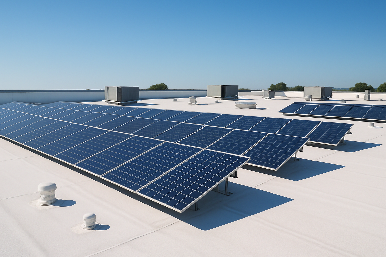 A commercial roof with solar panels under a clear blue sky, illustrating energy efficiency improvements