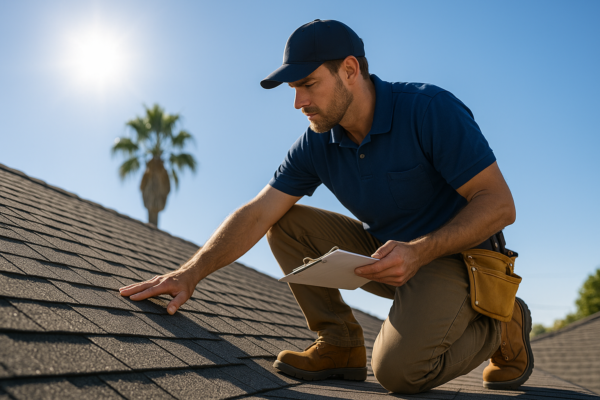 A professional roofer inspecting a rooftop for potential repair issues under bright California sun
