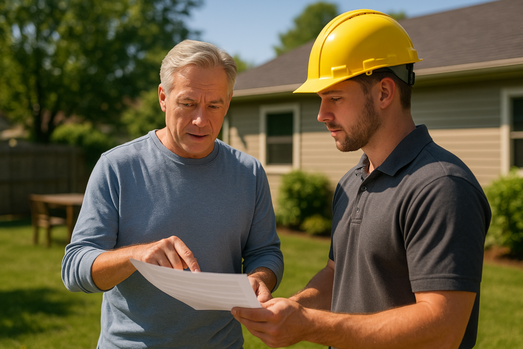 A homeowner reviewing a roofing contract with a contractor in a sunny backyard setting