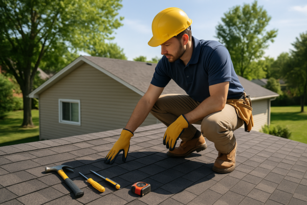 A professional roofer evaluating a suburban home's roof, with tools laid out nearby on a sunny day