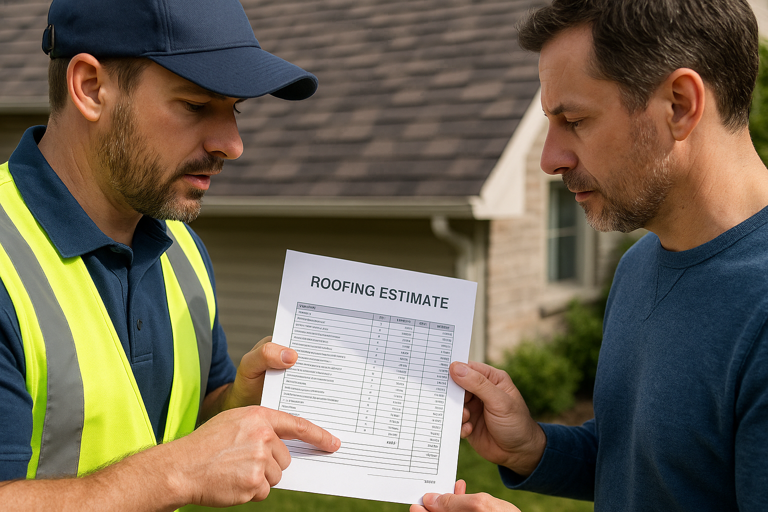 Close-up of a roofing contractor explaining a detailed roofing estimate to a homeowner, with paperwork visible