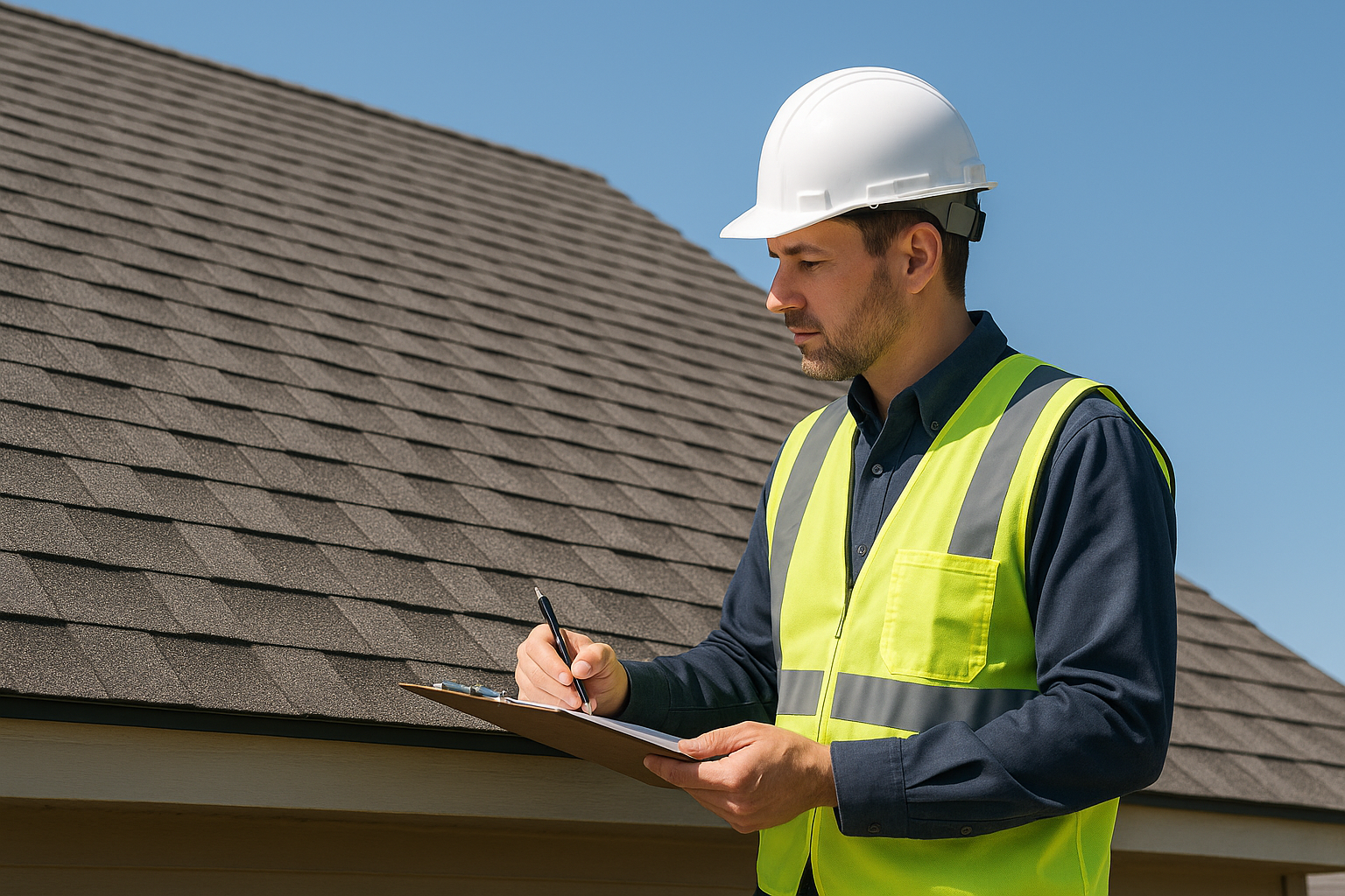 A city inspector examining a newly repaired roof with a clipboard, under clear skies