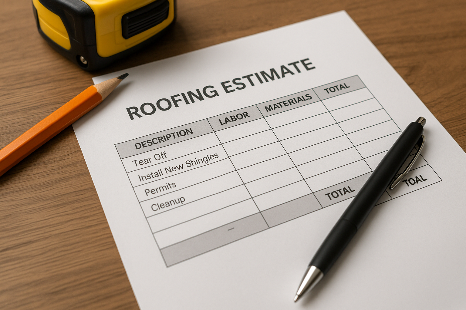 Close-up of a detailed roofing estimate document showing line items for labor, materials, permits, and cleanup
