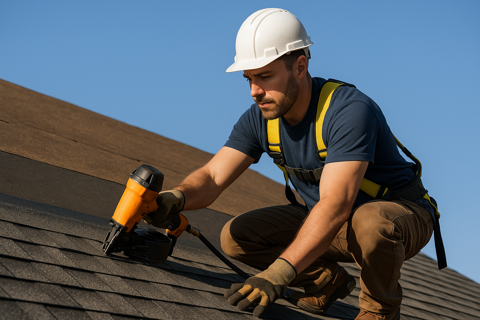 A professional roofer installing new asphalt shingles on a residential roof under a clear blue sky