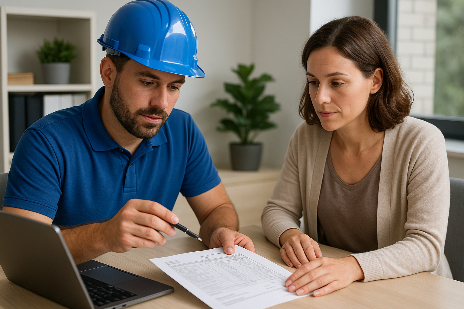 A roofing contractor and homeowner discussing a detailed estimate in a modern office setting