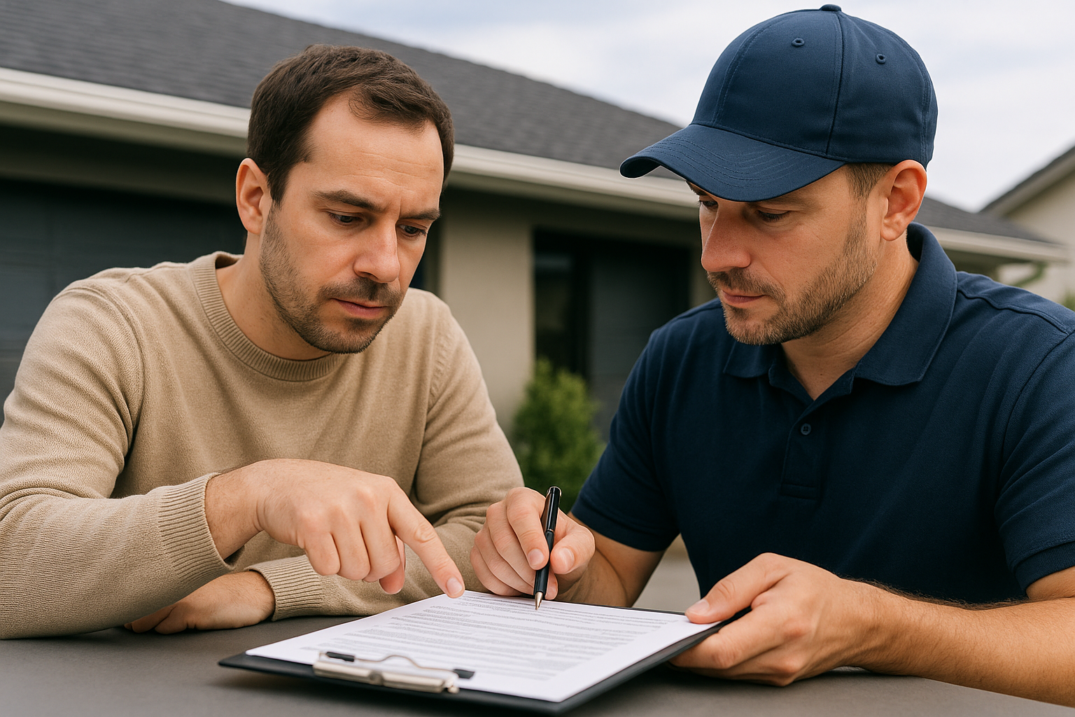 A homeowner discussing a roofing estimate with a contractor, pointing to a section of a contract document