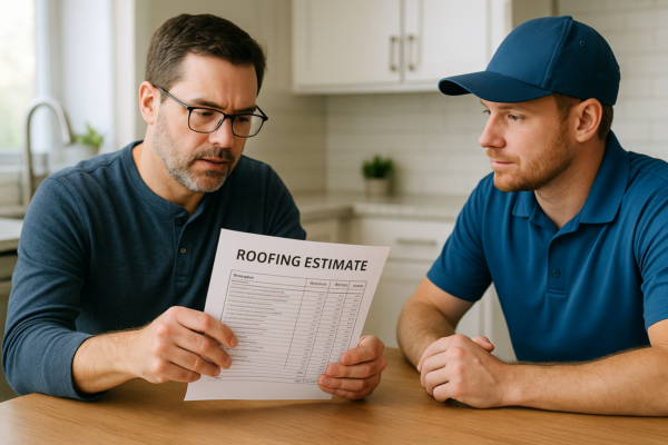 A homeowner reviewing a detailed roofing estimate invoice at a kitchen table with a contractor present
