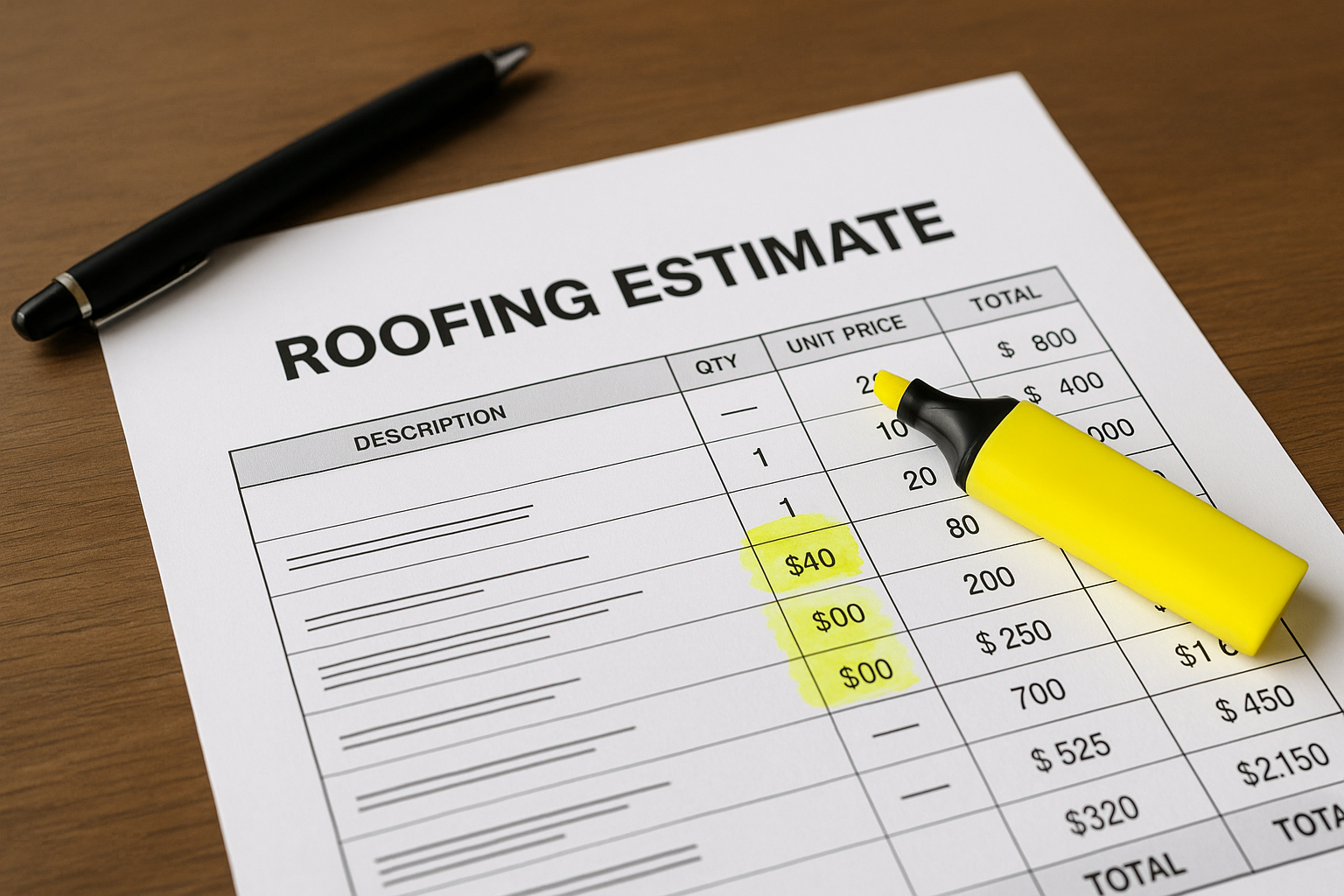 Close-up of a roofing estimate document with highlighted sections indicating potential hidden fees