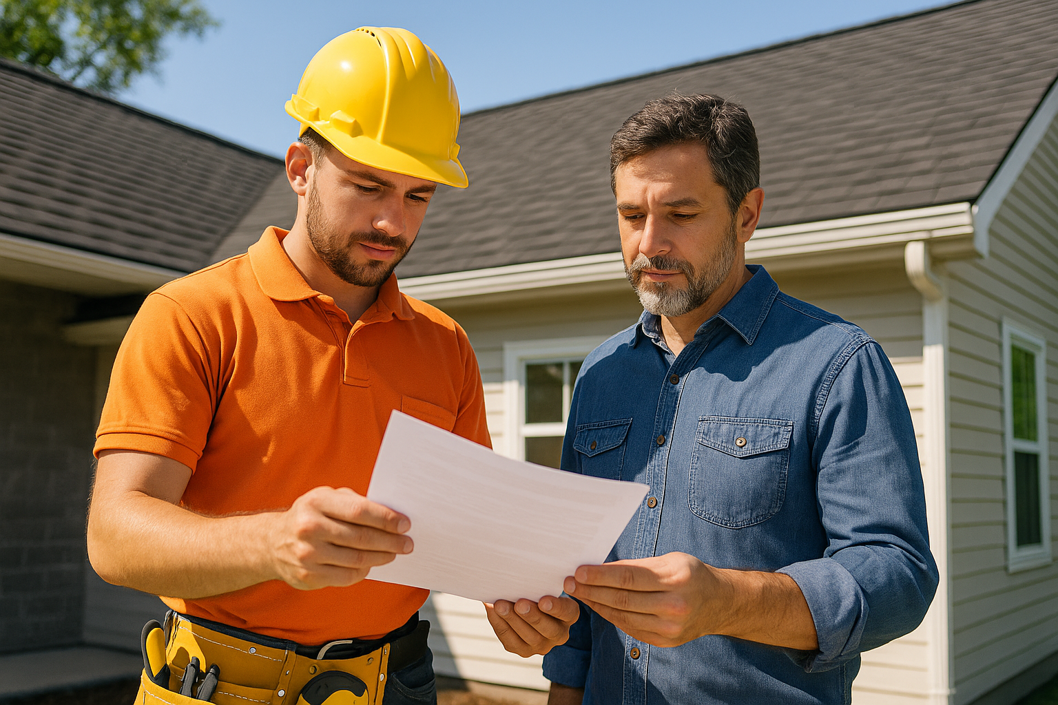 A contractor and homeowner reviewing warranty documents for a new roof installation on a bright, sunny day