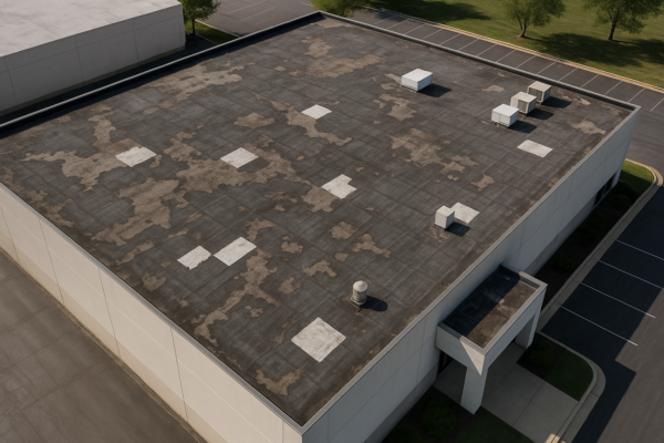 An aerial view of a large commercial building with visible roof damage, including patches and discoloration