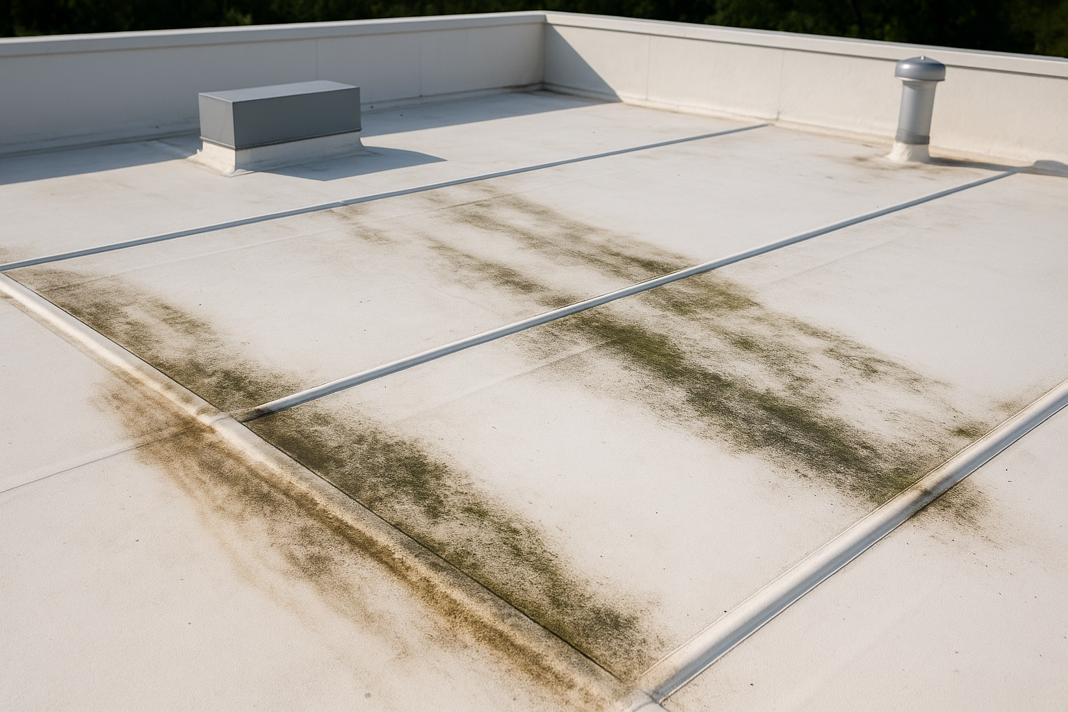 Close-up of a commercial roof with visible water stains and signs of mildew growth