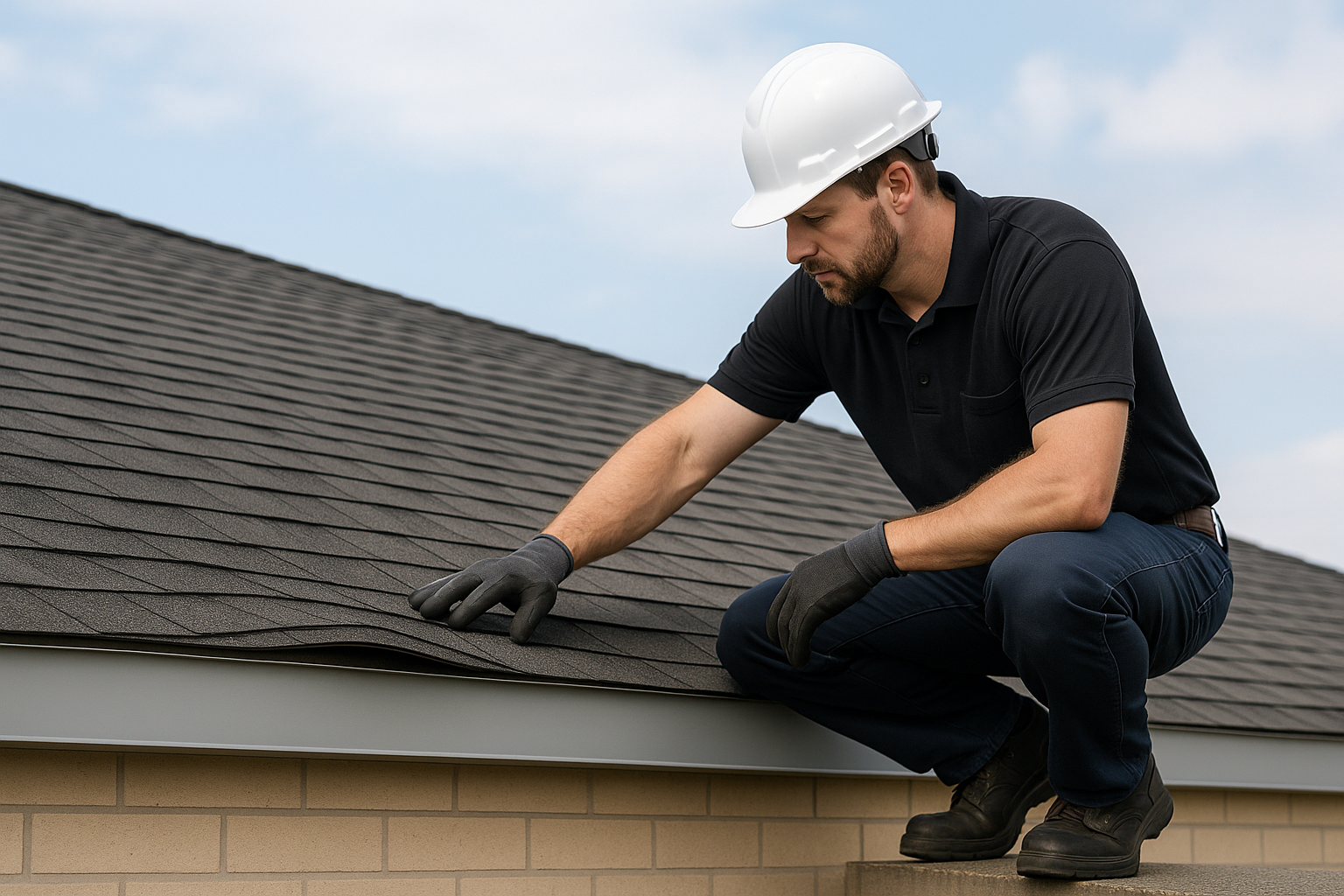 A professional roofer assessing a sagging roof deck on a commercial building