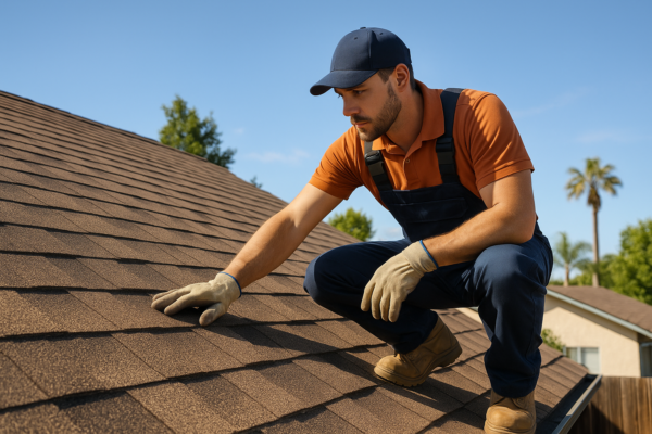 A professional roofer assessing the condition of a shingle roof under bright California sunshine