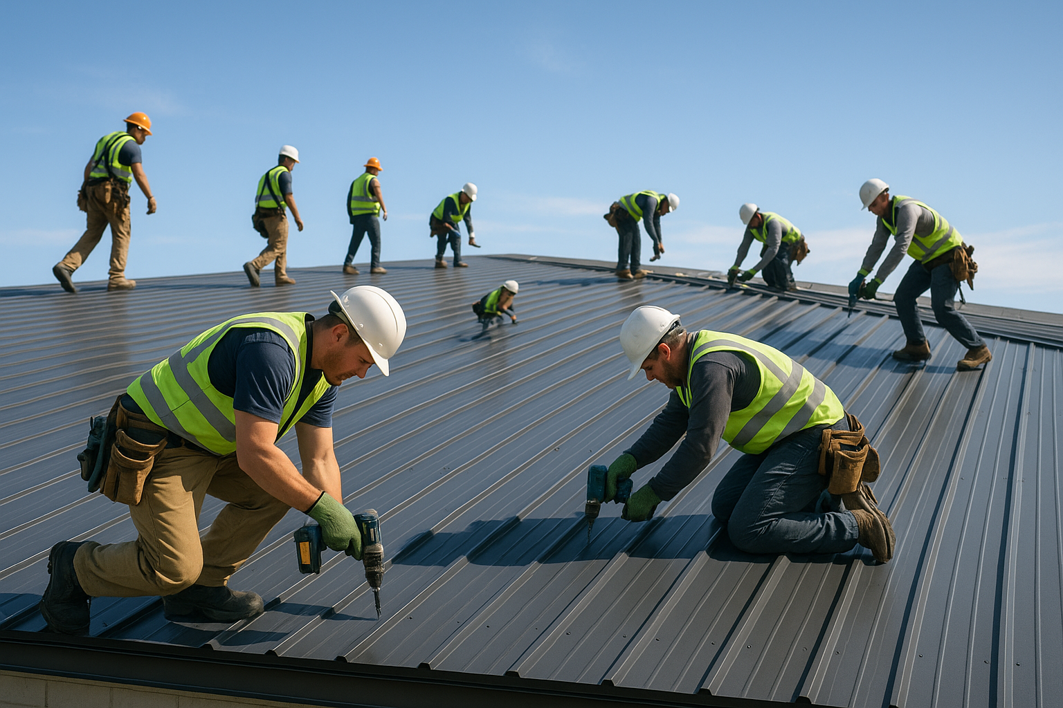 A large team of roofers installing a new metal roof on a commercial building under clear skies