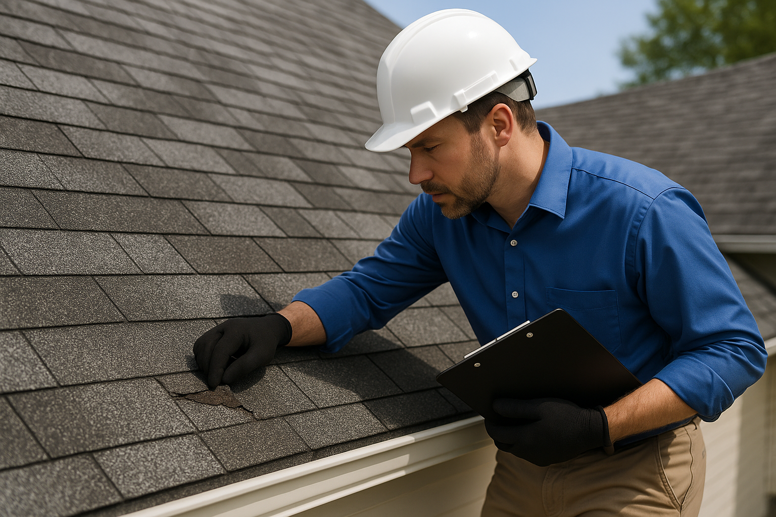 A detailed close-up of a roof with minor shingle damage and an expert assessing its condition