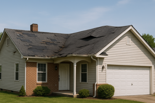 A wide shot of a suburban home with a visibly damaged roof, including missing shingles and sagging areas