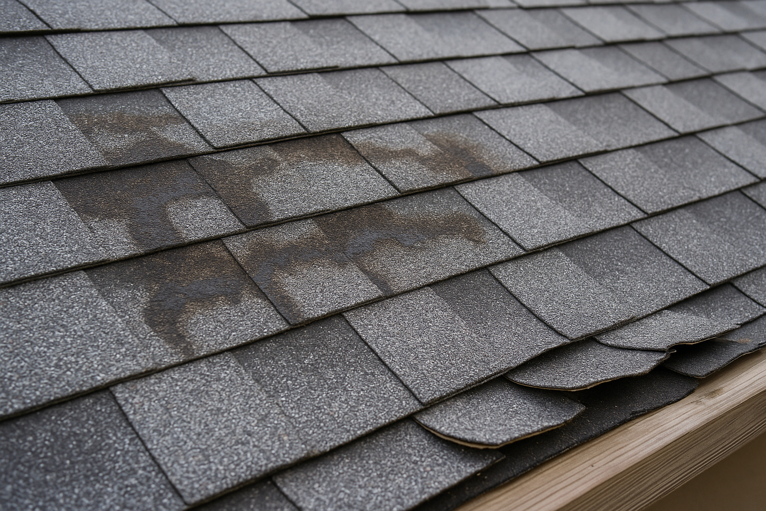 Close-up of damaged asphalt shingles with visible water staining and curling edges