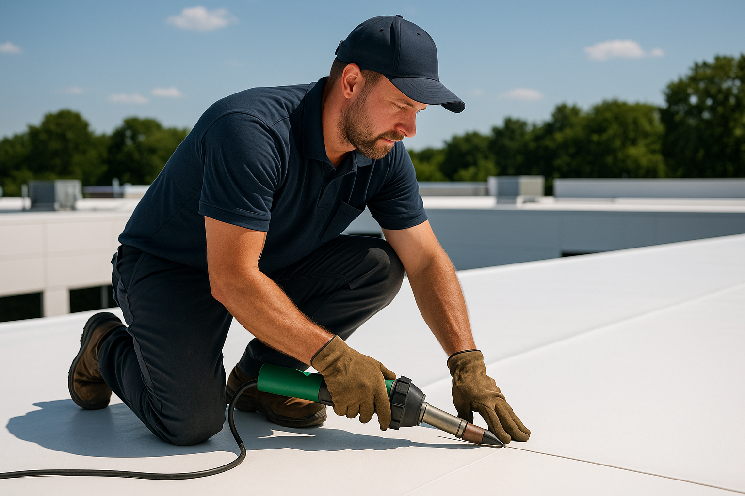 A professional roofer installing TPO membrane on a flat commercial roof on a sunny day