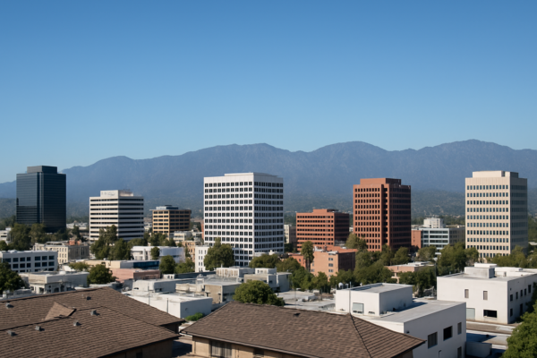A panoramic view of the San Gabriel Valley skyline with diverse commercial buildings under a clear blue sky