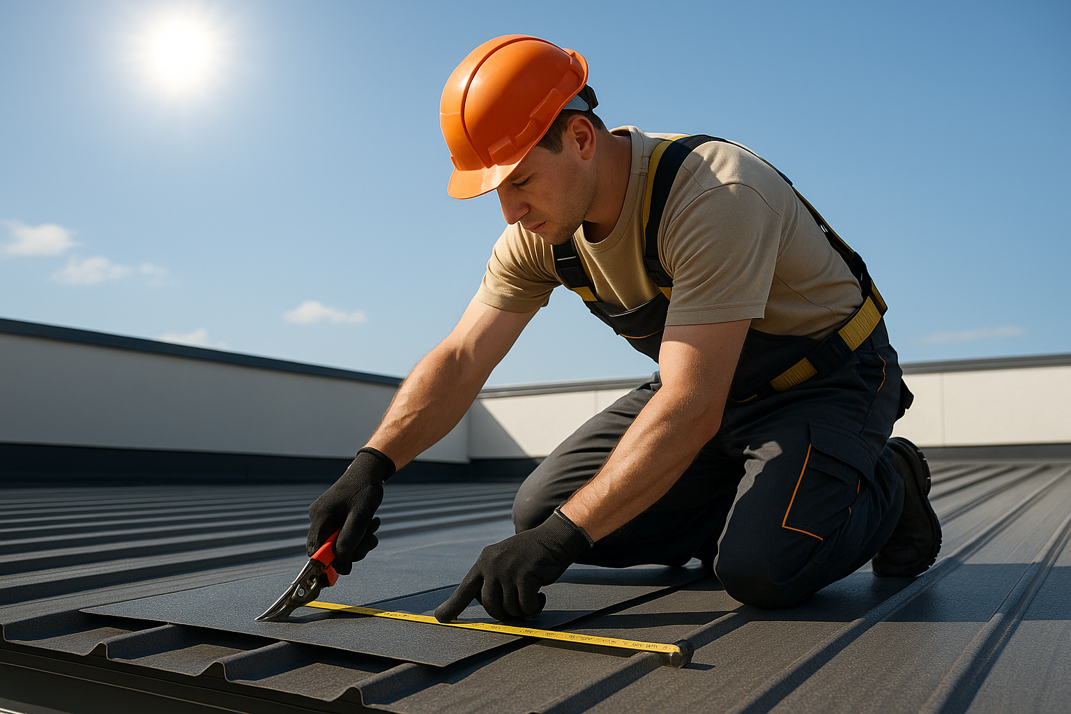 A professional roofer measuring and cutting roofing material on a commercial building roof under a bright, sunny sky