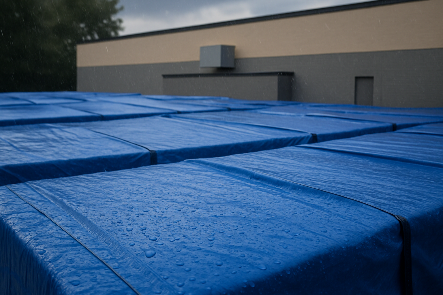 A commercial building's roof covered with temporary tarps during a light rain shower, with water droplets visible on the surface