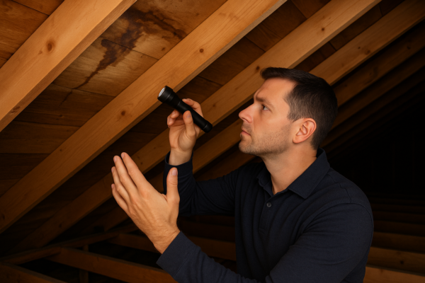 A homeowner inspecting an attic with a flashlight, noticing water stains on the wooden beams