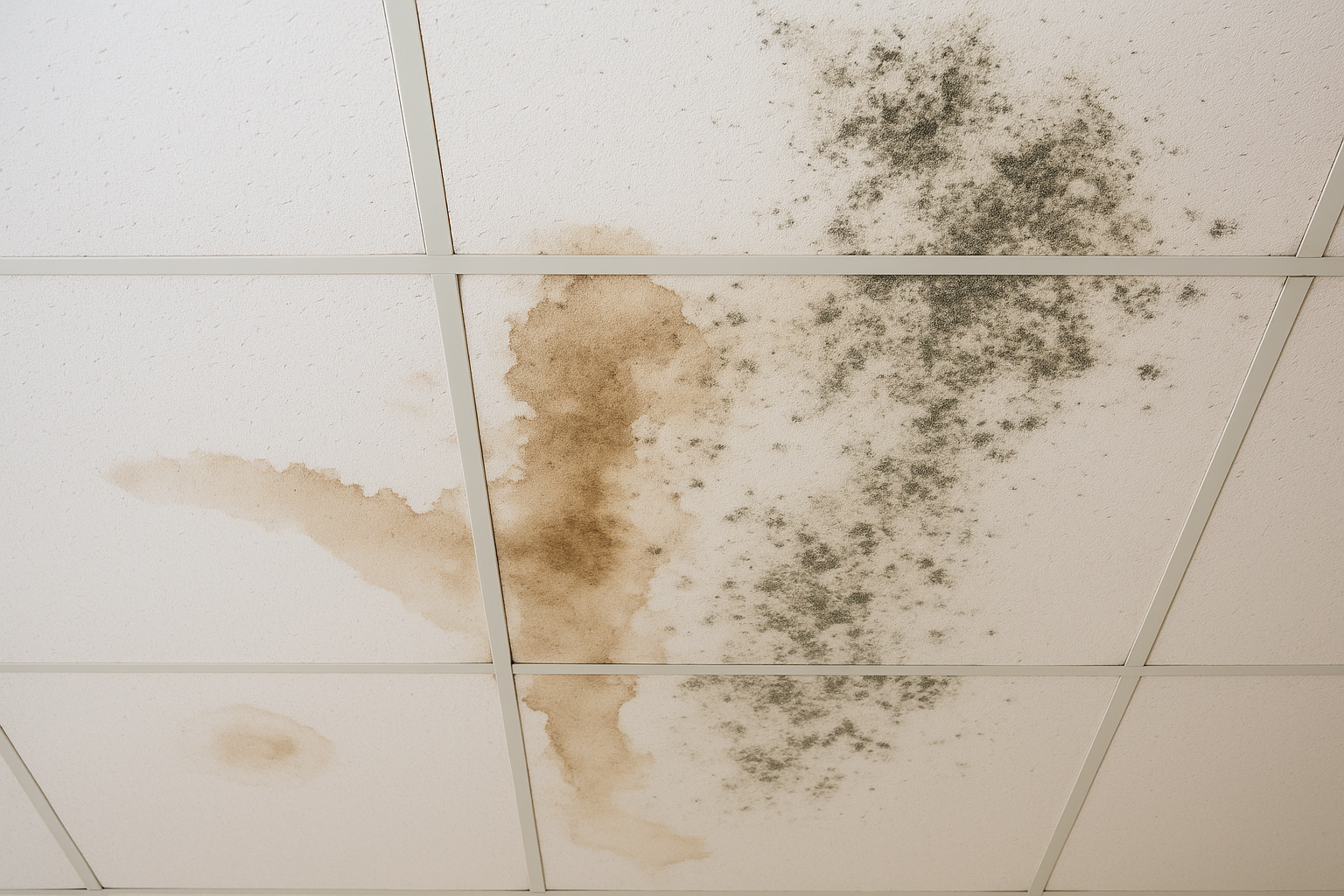 Close-up of a ceiling with water stains and mold growth, highlighting the damage caused by leaks